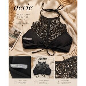 Aerie Black Lace Halter Bikini Top Size S Lace Swim Boho Festival Beach Vacation